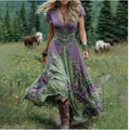 Women's artistic retro dress with creative totem pattern printing and deep V neckline