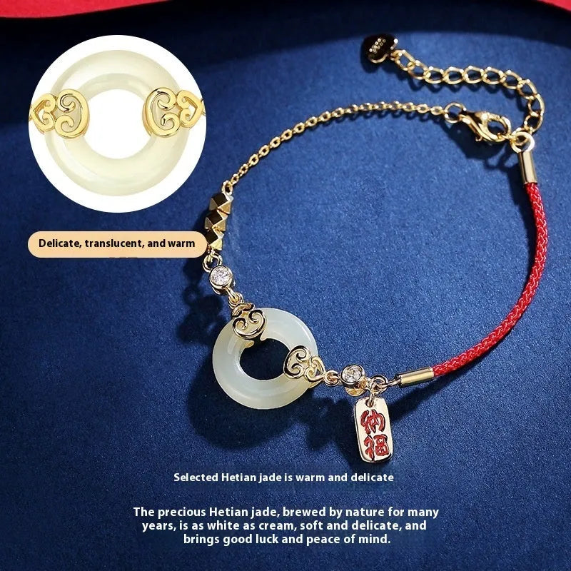 Chinese style sterling silver jewellery set showing gourd bracelet, Fu character necklace, and earrings with Hetian jade inlay.
