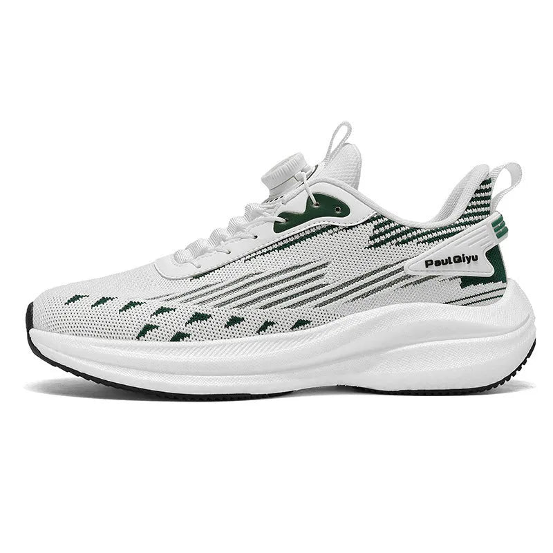 Men's white green rotating buckle running shoes with Fly-kit mesh upper and low-top design