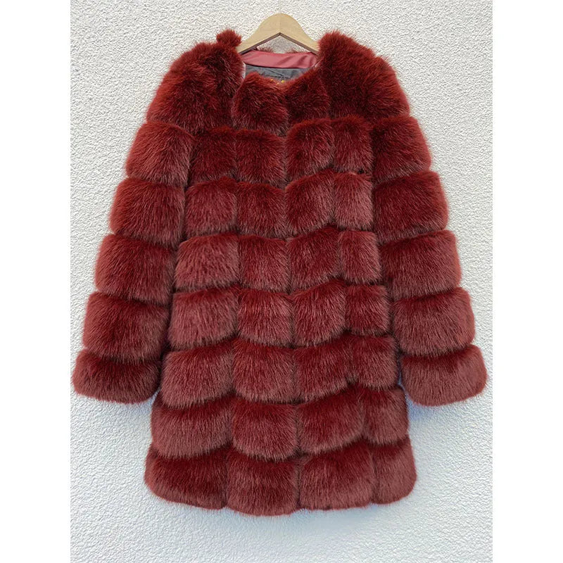 Women's thick artificial fur coat in wine red colour showing full 80cm length and regular sleeves