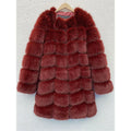 Women's thick artificial fur coat in wine red colour showing full 80cm length and regular sleeves