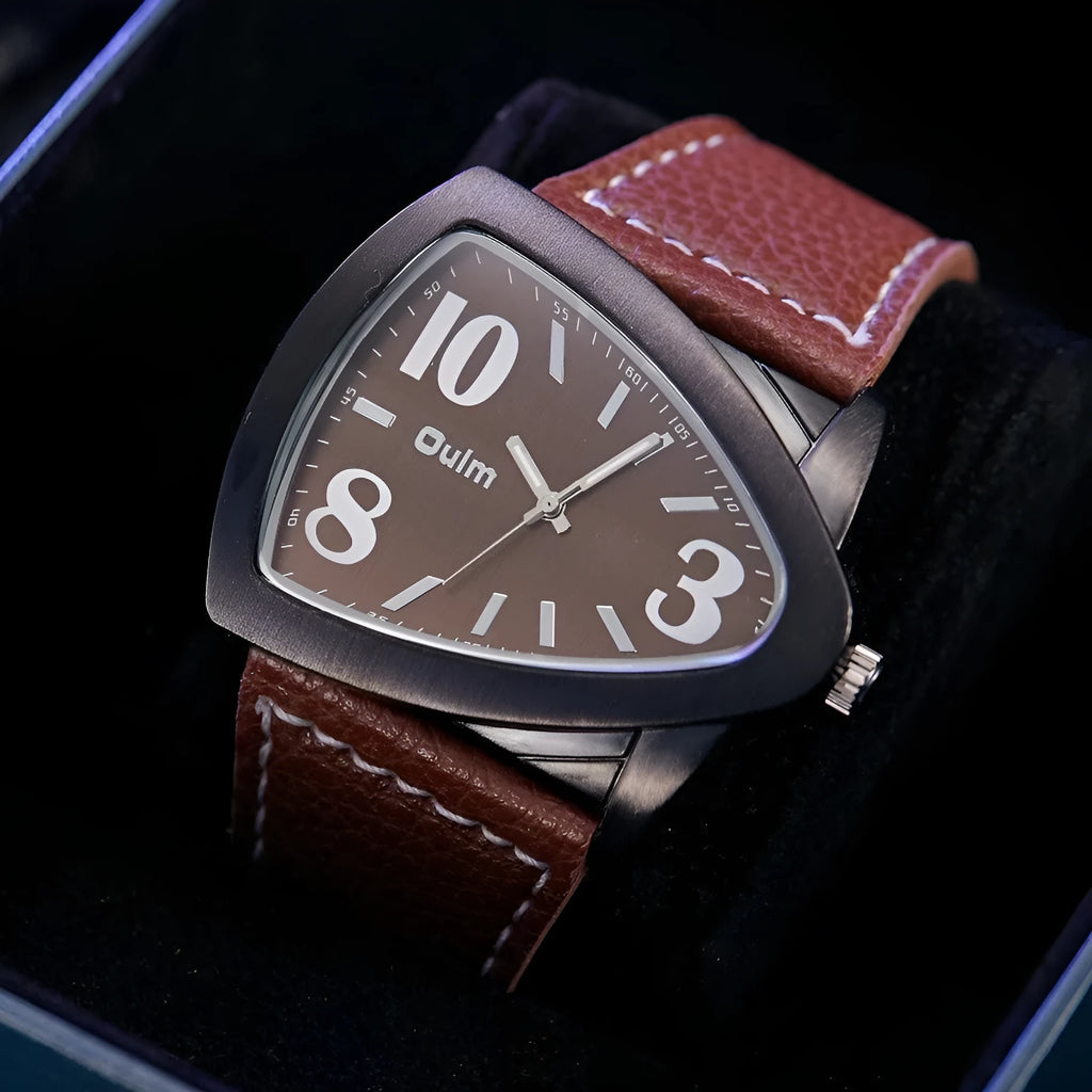 Men's casual watch with a triangle belt buckle shown in brown, black, and blue colour options.