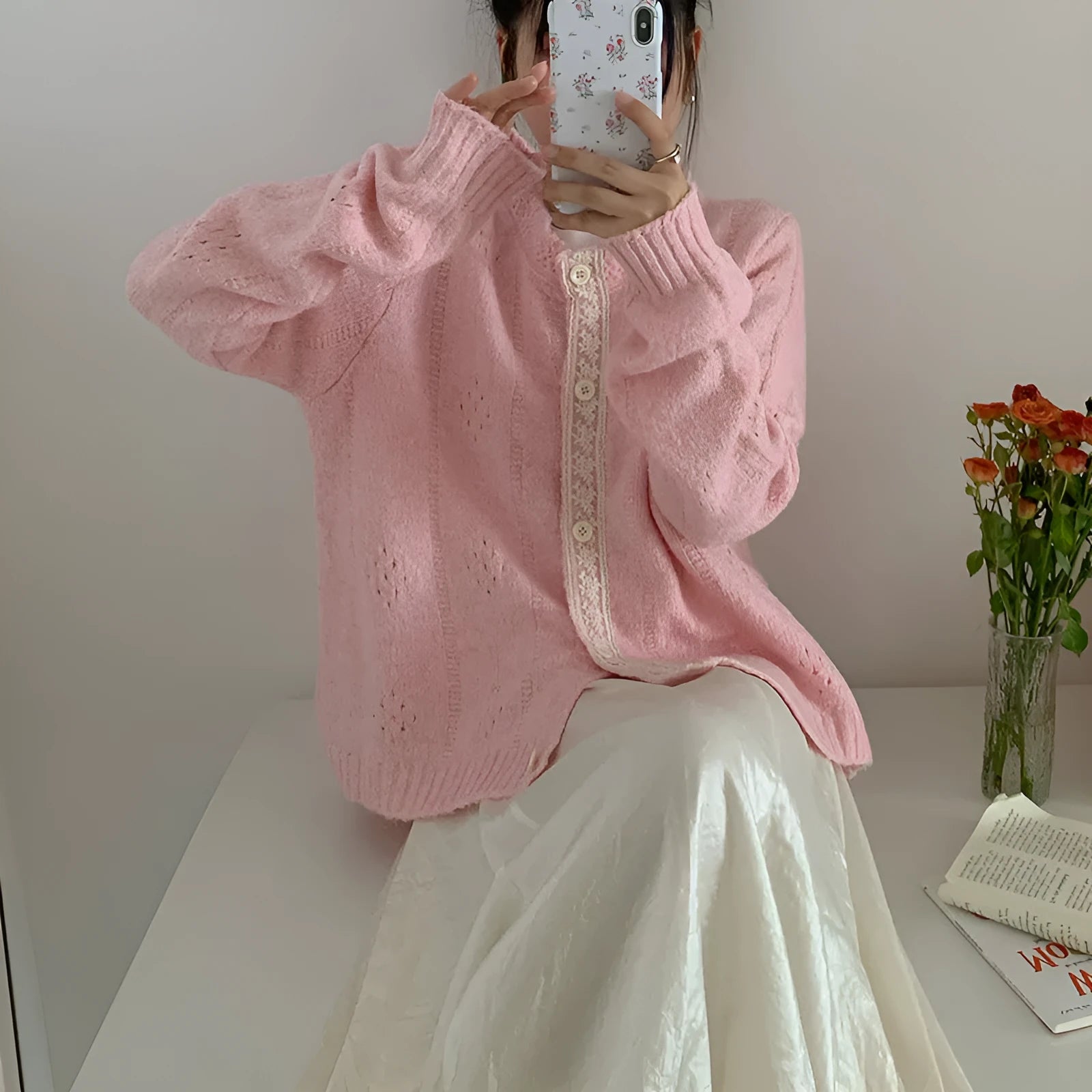 Artistic retro Korean knitwear cardigan coat in loose free size, shown in apricot colour.