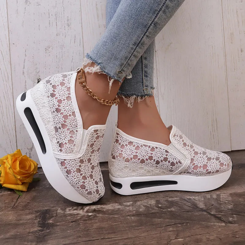 Lace mesh women's flat shoes with inner heightened platform, round toe, satin upper, pink and white colours