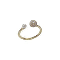 Open-end ring with round zircon stones and pearl accents in gold or silver plating