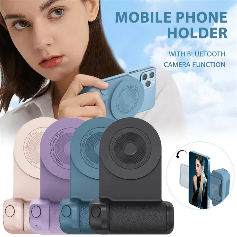 Black magnetic phone camera grip holder with rotatable bracket on a table.