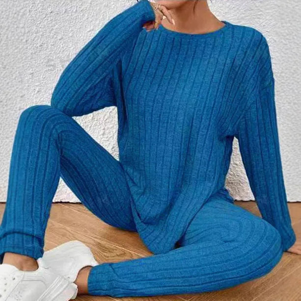 Sunken stripe pattern casual two-piece homewear set in black or blue colour with extended 1XL-5XL sizing