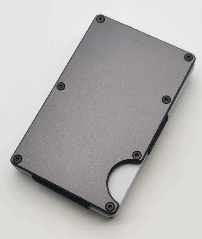 Slim aluminium grey carbon fibre credit card wallet with RFID-blocking security.