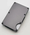 Slim aluminium grey carbon fibre credit card wallet with RFID-blocking security.