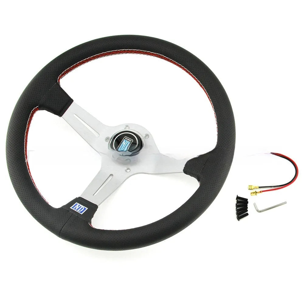 14-inch leather sports steering wheel with a middle concave design and black skeleton.