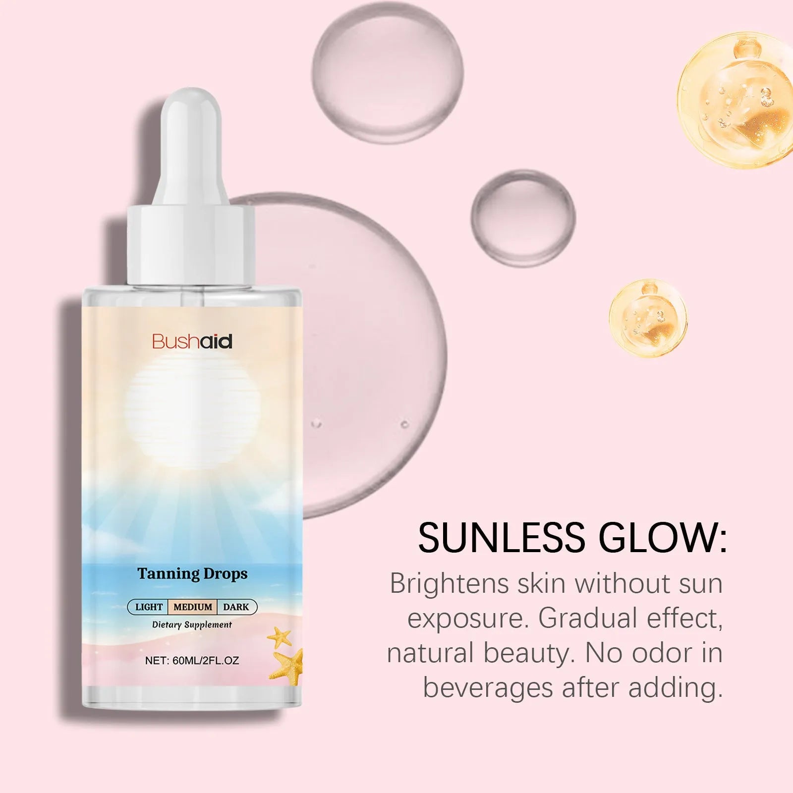 60ml No Sunlight Tanning Drops bottle for gradual sunless body tanning