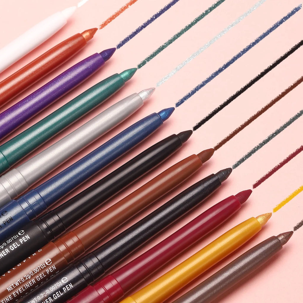 Set of 12 colourful gel glitter eyeliner pencils in vibrant shades for waterproof party and cosplay makeup