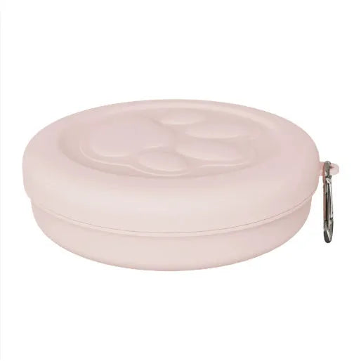 Portable outdoor dog food and water bowl in S and L sizes, shown in light green and pink colour options.