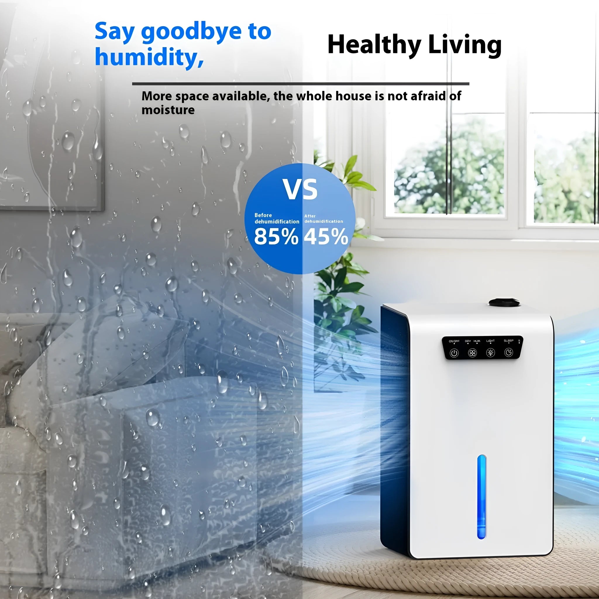 Milky white small dehumidifier for bedrooms with 2.6 litre fluid reservoir capacity