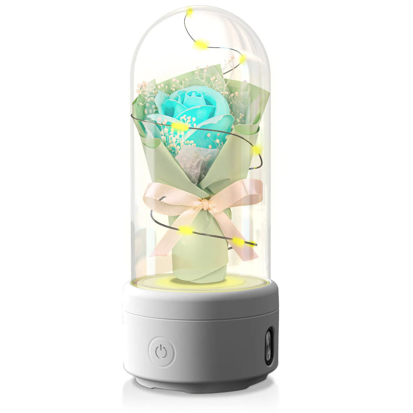 Glass-covered rose ornament with built-in LED light and Bluetooth speaker on black or white base