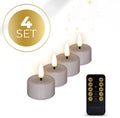 Four taupe LED tealight candles showing flickering flame effect and plastic construction
