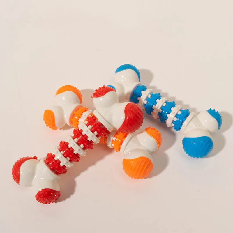 Blue bone-shaped interactive dog toy for small breeds with treat holder in centre