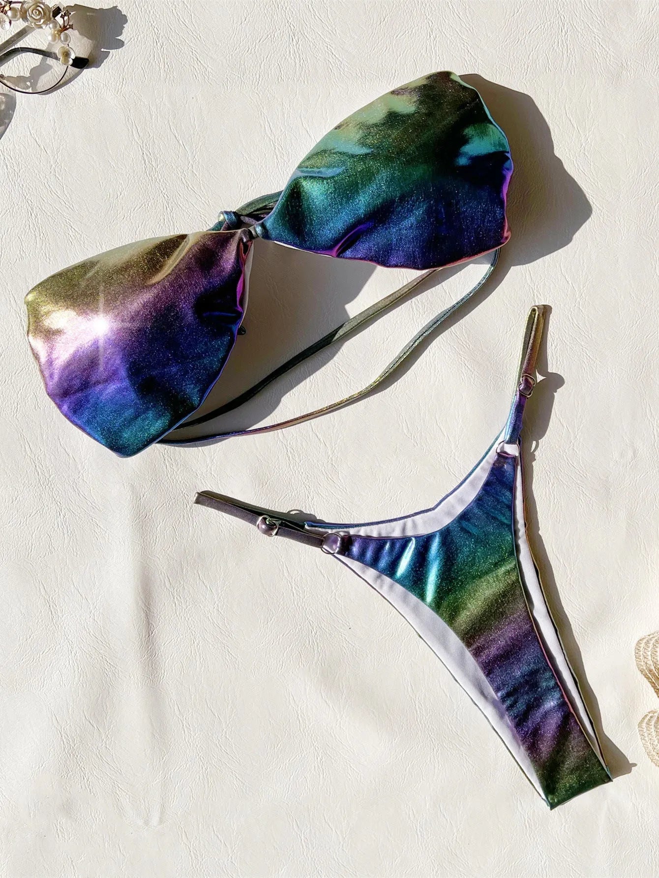 Women's gradient purple polyester bikini swimsuit set on a white background