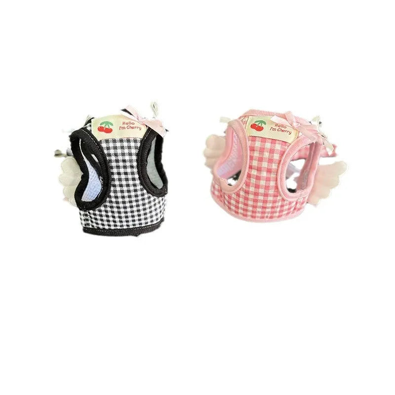 Pink cotton chest-back dog harness with handle for small dogs on a white background.