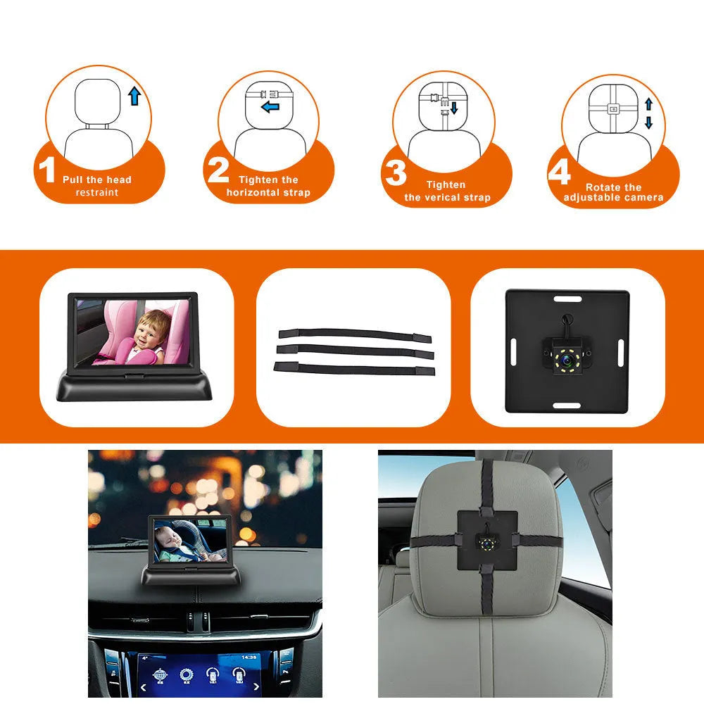 Black 4.3-inch folding car baby monitor screen with rear view camera on vehicle dashboard