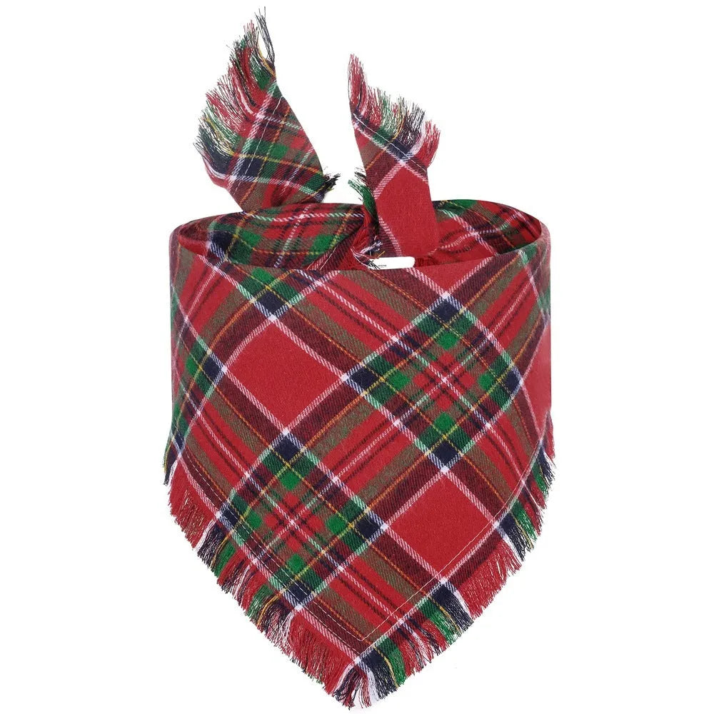 Plaid triangle dog bandana with tassels in autumn colours on a dog's neck.