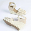 Women's apricot canvas wedge sandals with Roman style design and round toe shape