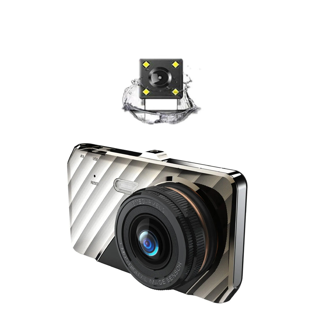 4 inch front and rear dual lens dash cam with touch screen display showing vehicle footage
