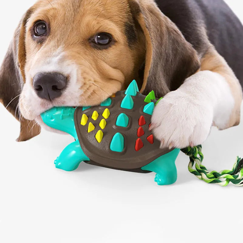 Mint-flavoured dinosaur knot dog chew toy made from natural rubber, shown in blue and chocolate colour.
