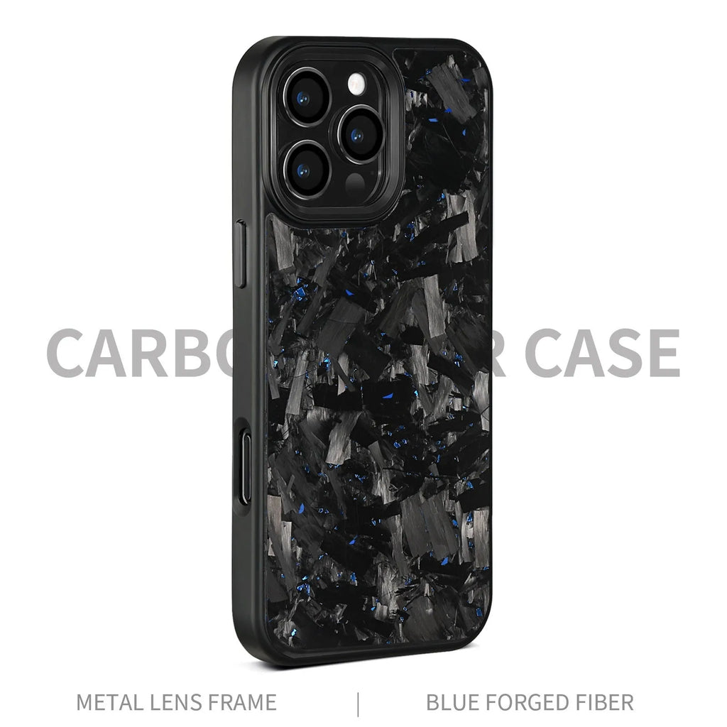 Black metal frame carbon fibre mobile phone case with forged pattern and magnetic back.