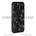 Black metal frame carbon fibre mobile phone case with forged pattern and magnetic back.