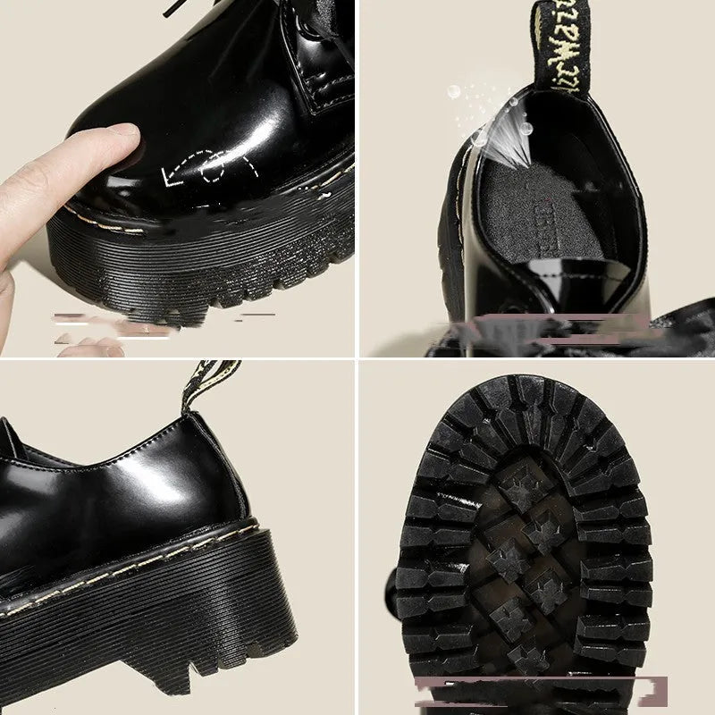 Women's black and white lace-up shoes with thick soles, ribbon details, and cross straps.
