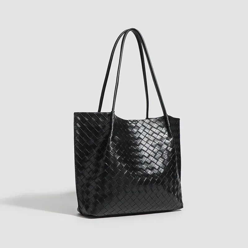 Women's PU tote bag in Black New with woven front detail and short handles
