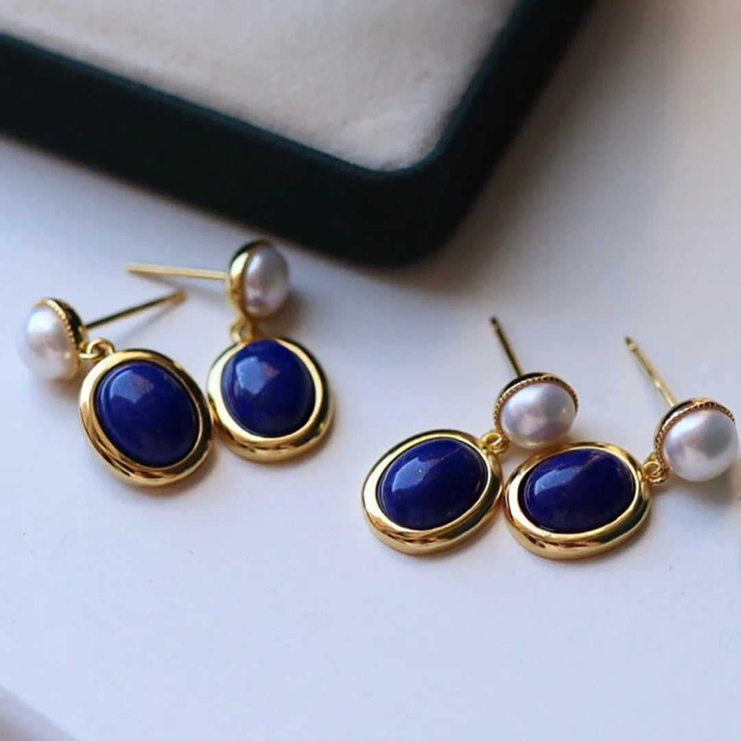 Lapis lazuli pearl drop earrings in 925 silver setting with auspicious patterns