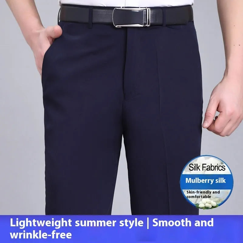 Men's straight leg non-ironing suit trousers in a mulberry silk blend fabric, shown in dark blue.