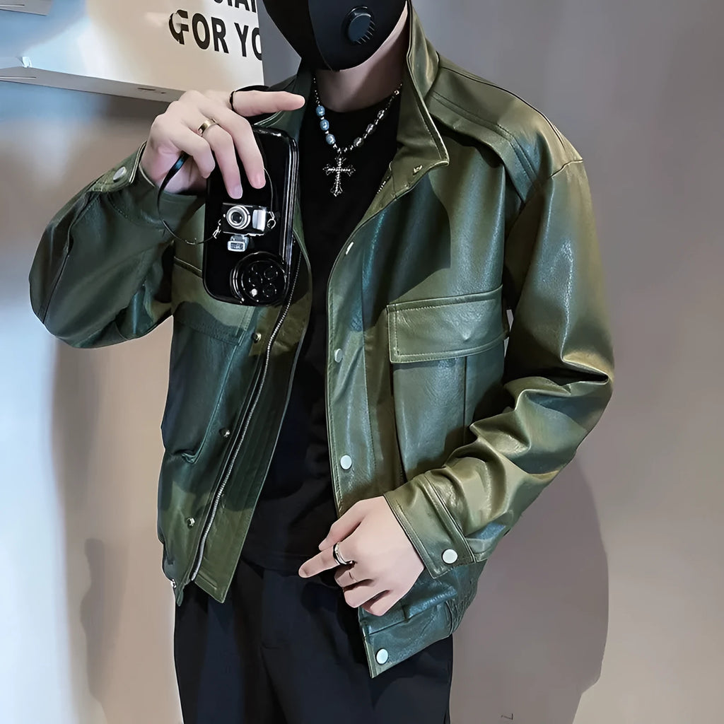 Men's black Korean-style PU leather pilot jacket with side pockets and a straight hem.