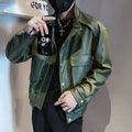Men's black Korean-style PU leather pilot jacket with side pockets and a straight hem.