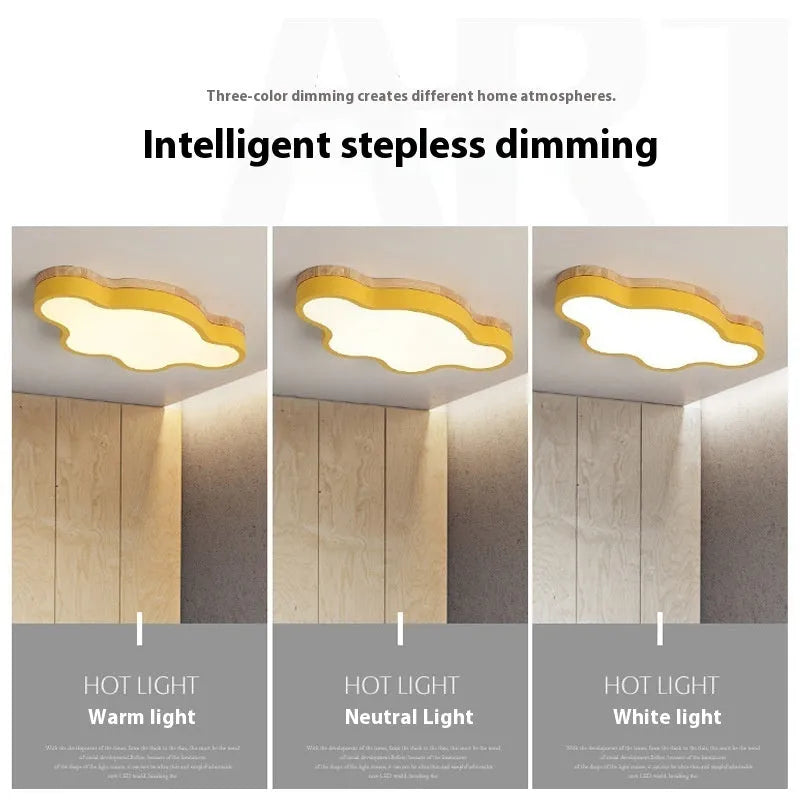 Modern rectangular cloud-shaped LED ceiling lamp with a wooden-style frame, mounted flush to a ceiling.