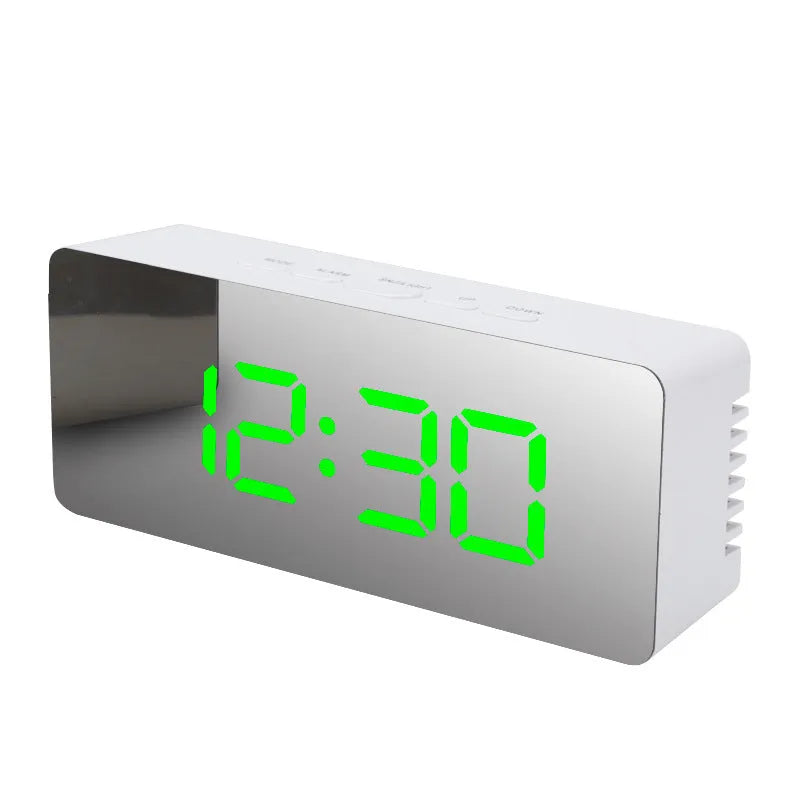 LED digital mirror desktop alarm clock with USB cable, plastic shell, rectangular white light