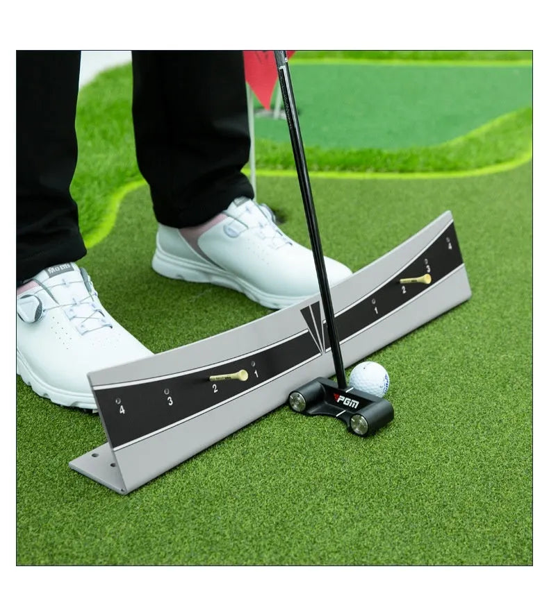 Adjustable golf putter trajectory balance simulator made from white PVC.