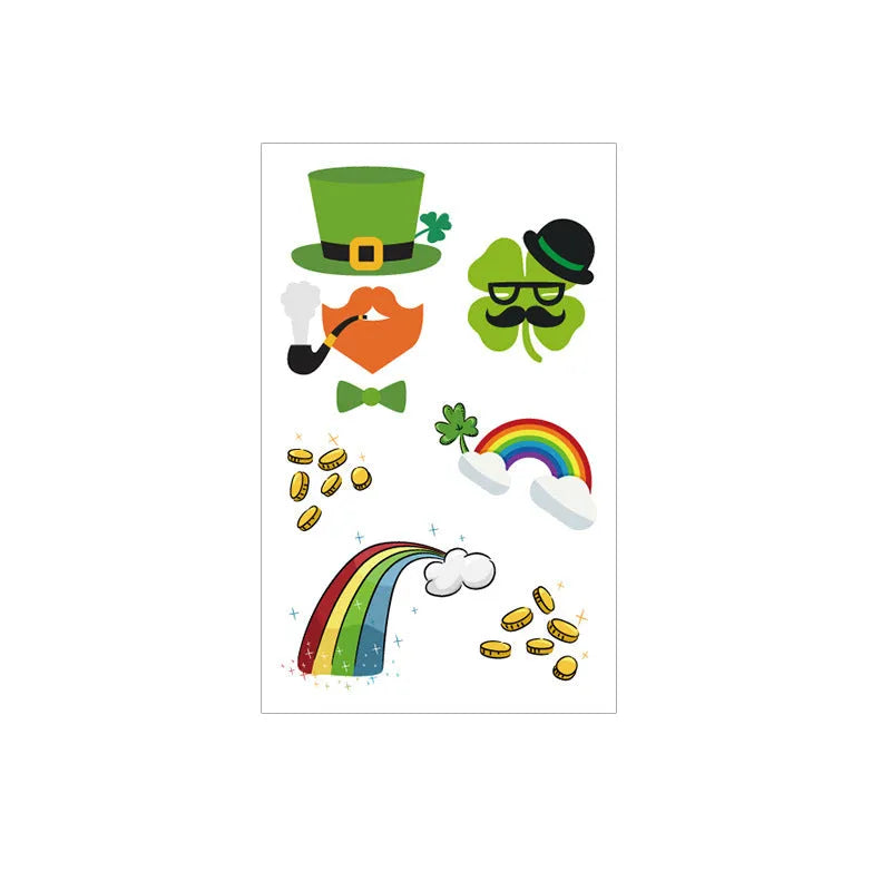 Children's temporary tattoo sticker with St. Patrick's Day clover and Irish flag cartoon design.