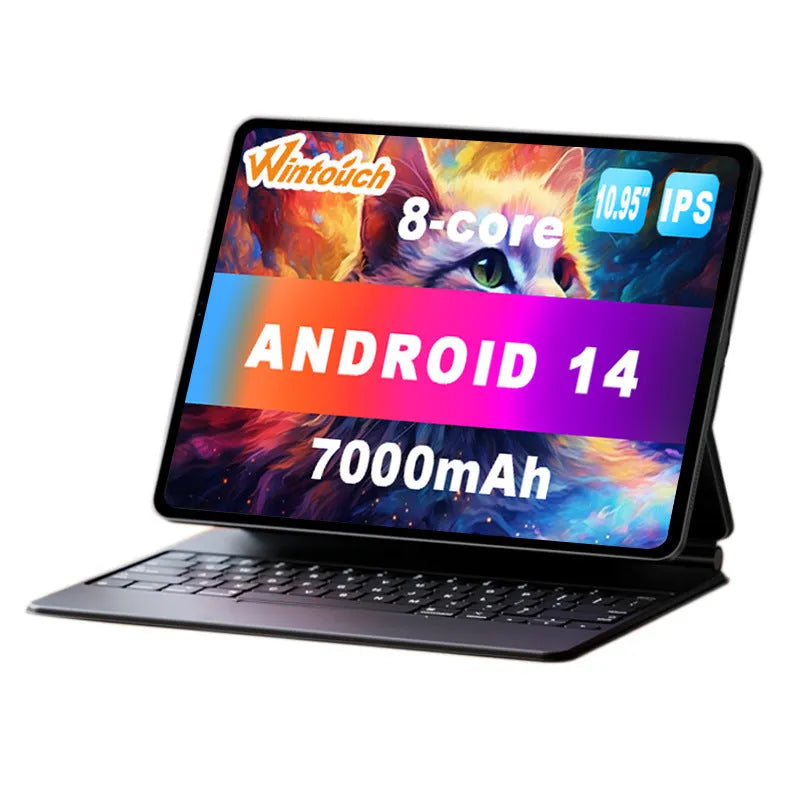10-inch tablet PC in bare metal blue with leather keyboard case open on desk