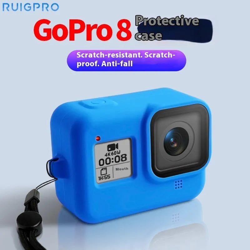 GoPro Hero 8 Black camera with blue silicone protective sleeve and neck lanyard carrying strap