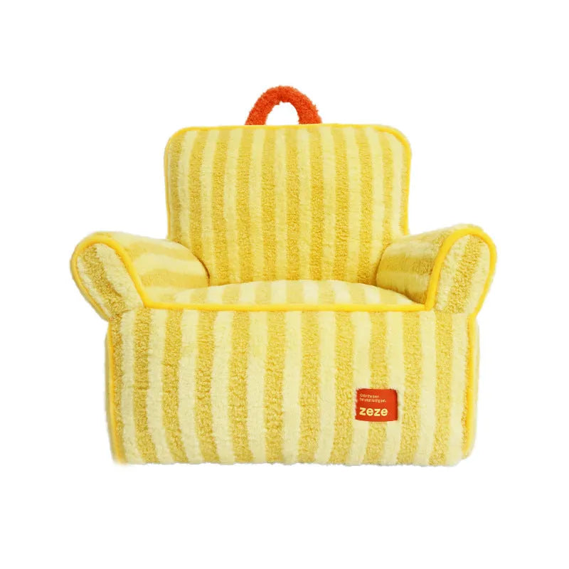 Striped soft velvet dog bed with a removable cover in orange, purple, or yellow.