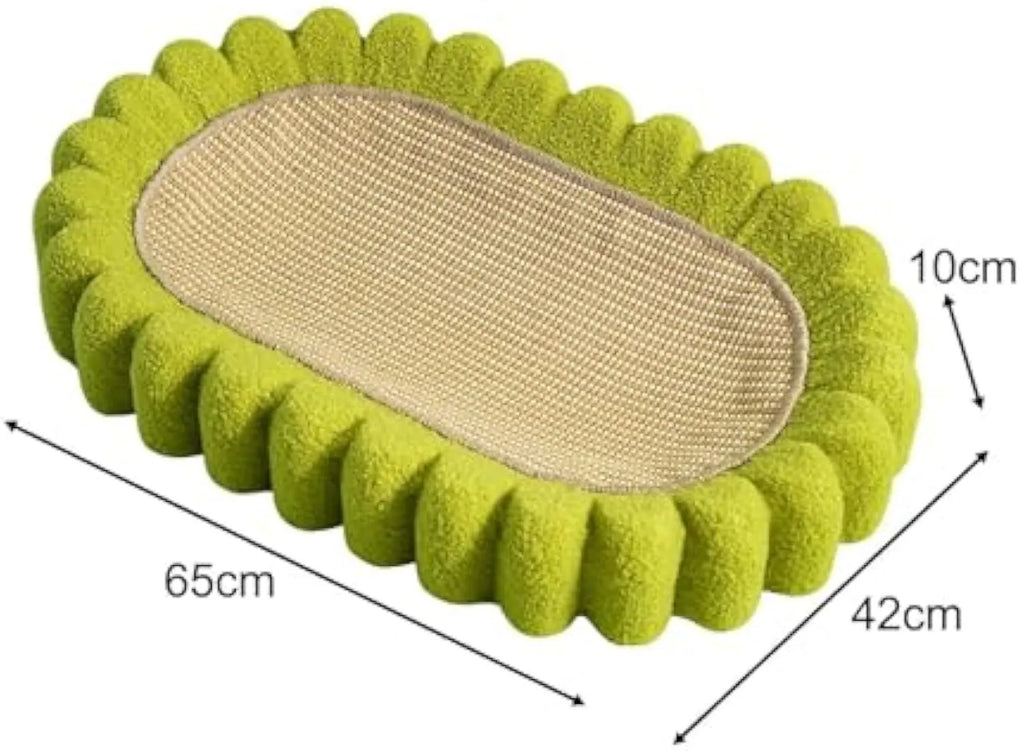Green oval cat scratch pad bowl bed with sisal scratching surface measuring 650mm by 420mm