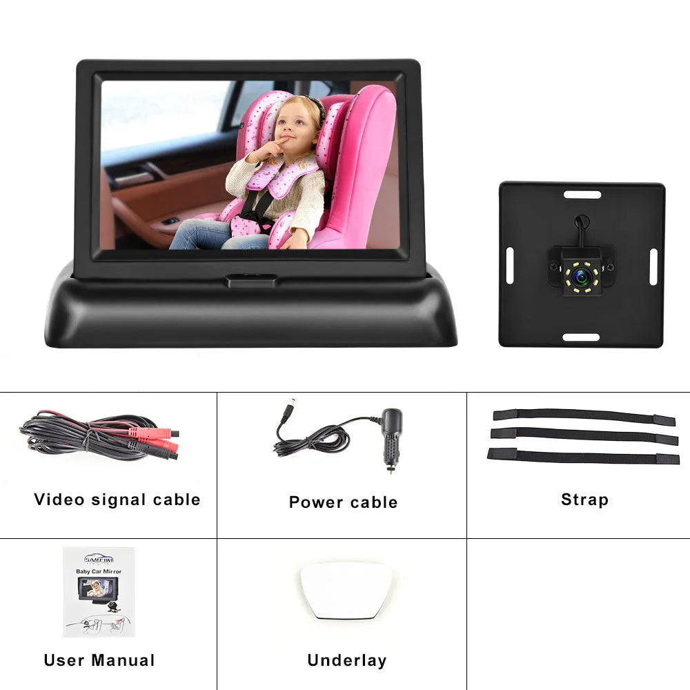 Black 4.3-inch folding car baby monitor screen with rear view camera on vehicle dashboard