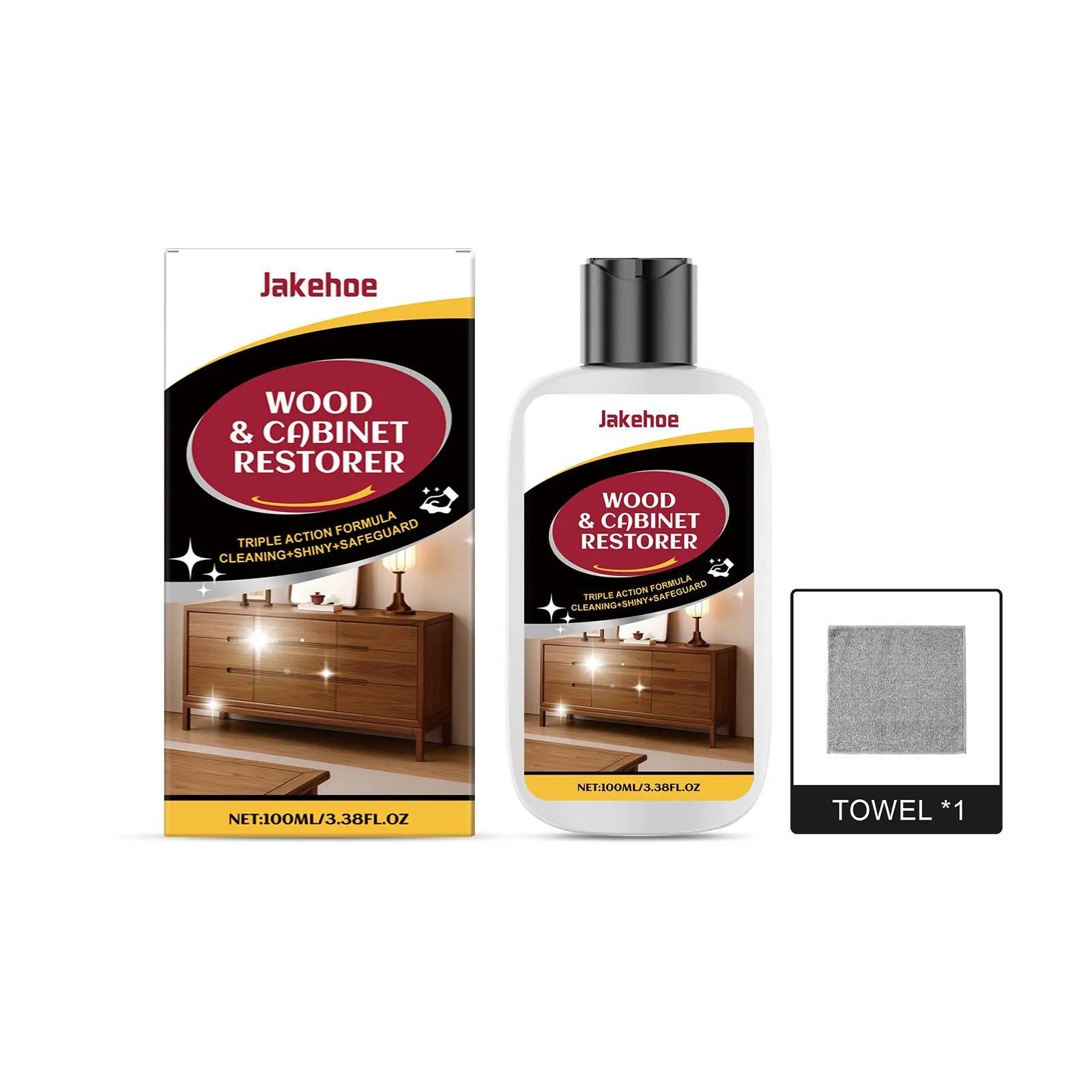 Wooden furniture scratch care solution kit with 100ml bottle and 20x20cm cleaning towel