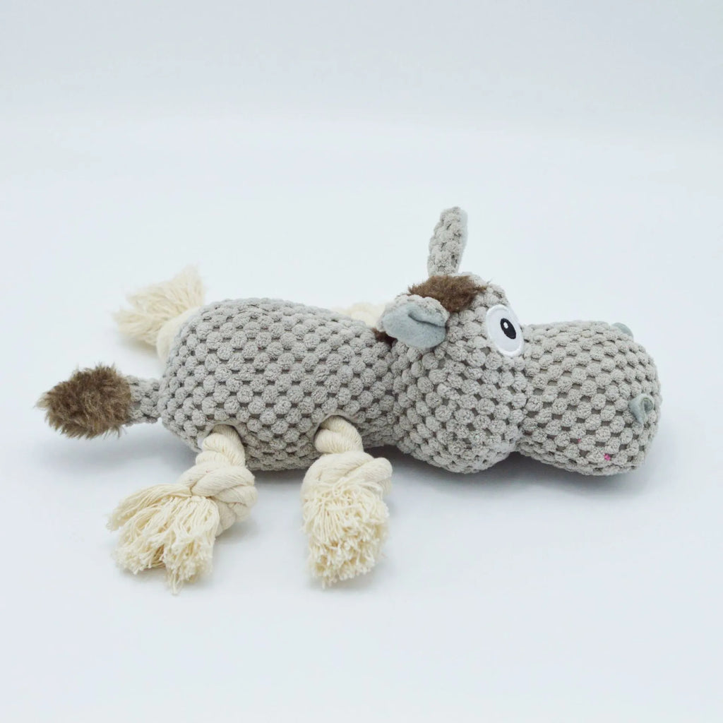 Grey plush donkey dog toy with squeaker measuring 27cm long