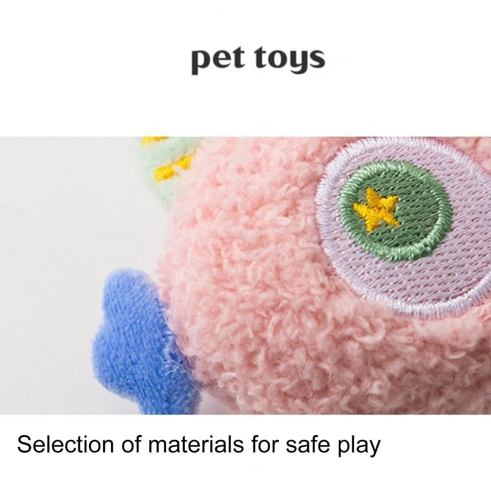 Cartoon-shaped plush dog chew toy with large eyes and squeaky sound feature