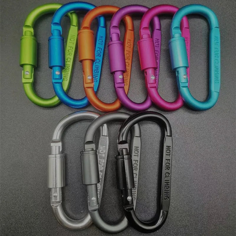 An 8cm aluminium D-type locking carabiner shown in silver, with the gate open.