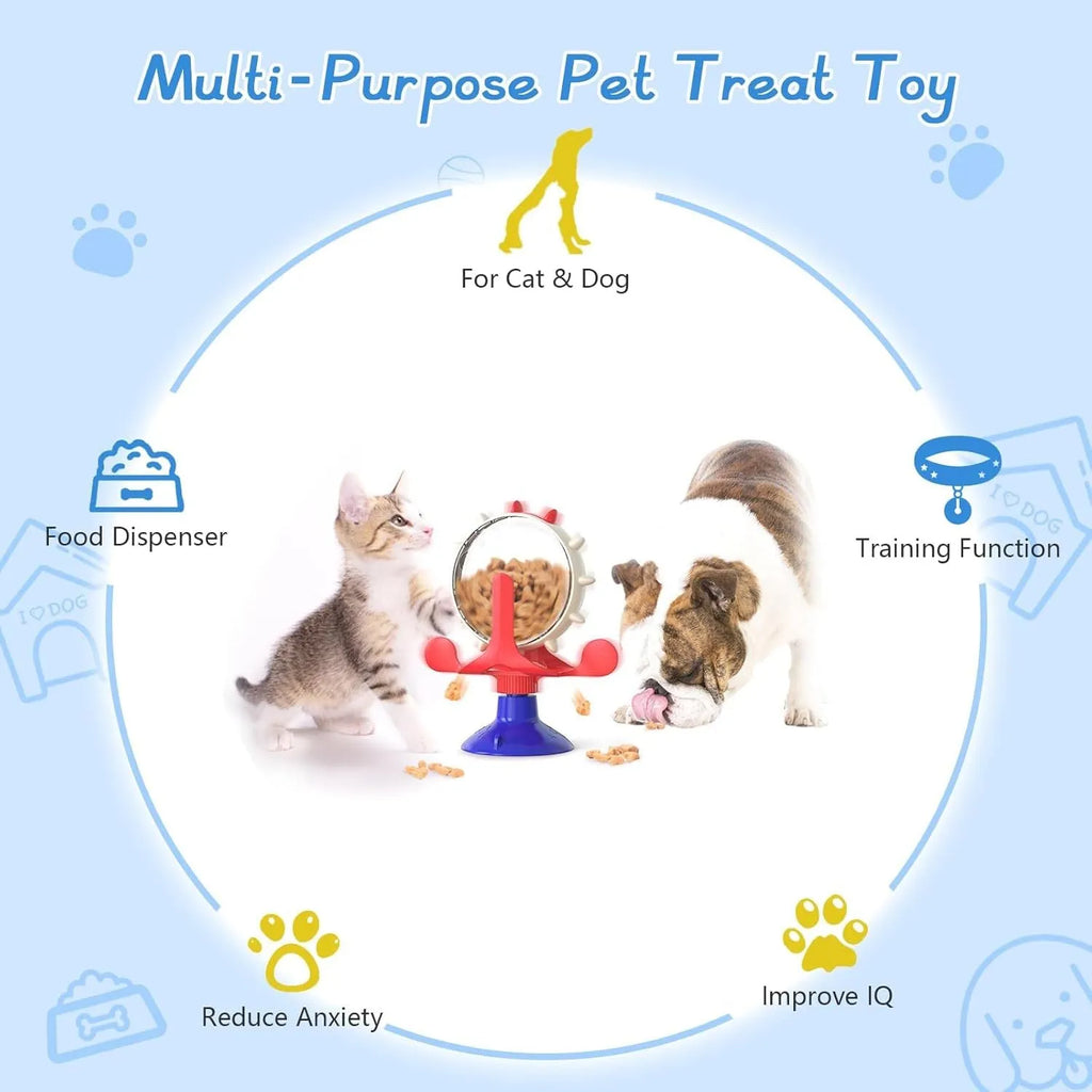 Interactive pet puzzle toy with rotating food dispenser in blue, green, red, or yellow colours